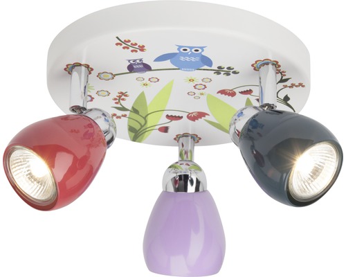 LED bodové osvětlení Brilliant BIRDS GU10 3x2,5 W 3x240 lm 3000 K pestrobarevné Stropní svítidlo se třemi reflektory a motivem sovy do dětského pokoje