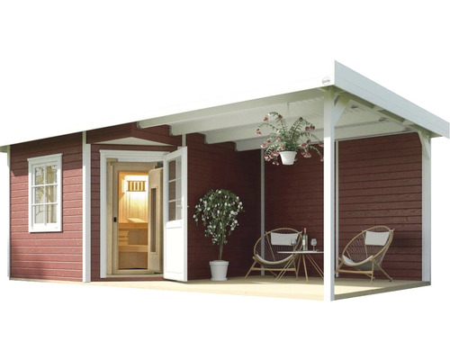 Dřevěný zahradní domek se saunou, terasou, okny a dveřmi