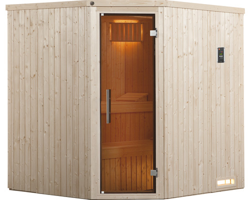 Rohová sauna s prosklenými dveřmi a dřevěným obkladem