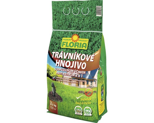 Trávníkové hnojivo s odpuzujícími účinky na krtky Agro 2,5 kg Balení hnojiva na trávník Floria s ochranou proti krtkům, 2,5 kg