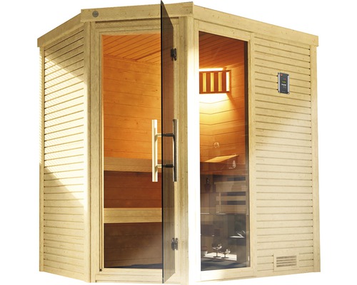 Otevřená rohová sauna se skleněnými dveřmi a dřevěným obložením