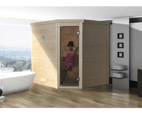 Sauna z masivního dřeva Weka Turku rohová set 1 vč. 7,5kW kamen a digitálního ovládání a grafitově šedými celoskleněnými dveřmi