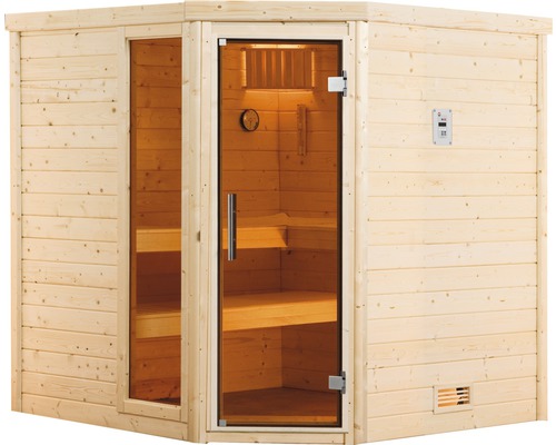 Rohová sauna ze dřeva se skleněnými dveřmi a ovládacím panelem