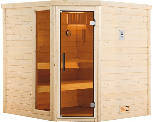 Rohová sauna z dřeva se skleněnými dveřmi a ovládacím panelem