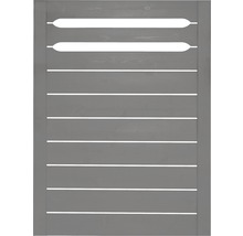 Šedá dřevěná brána s vodorovnými štěrbinami pro zahradní ploty