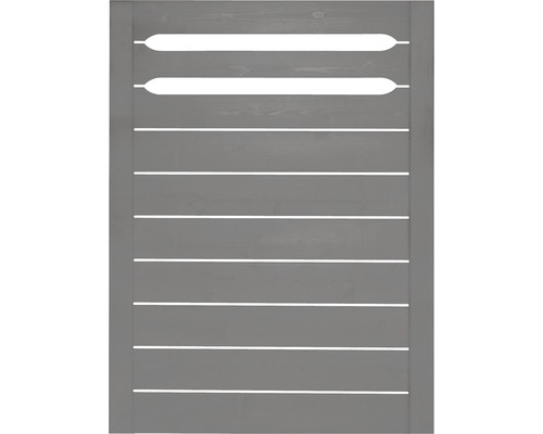 Šedá dřevěná brána s vodorovnými štěrbinami pro zahradní ploty