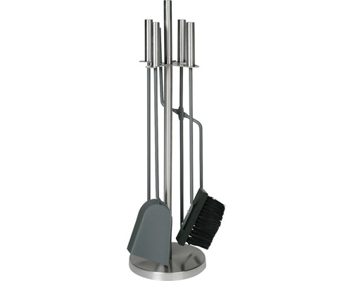 Kovová krbová sada se stojanem, lopatou, smetákem, pohrabáčem a kleštěmi pro čištění a údržbu krbu