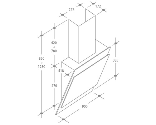 Technický nákres odsavače par s rozměry