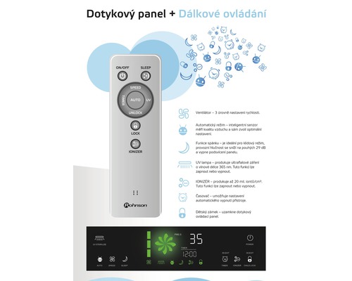 Ovladač a panel s funkcemi čističky vzduchu, jako je ventilátor, automatický režim, spánek, UV lampa, ionizátor, časovač a dětský zámek.