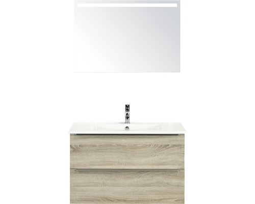 Koupelnový nábytkový set Pulse 90 cm s keramickým umyvadlem a zrcadlem s LED osvětlením dub šedý