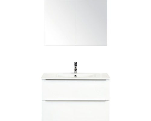 Koupelnový nábytkový set Pulse 90 cm s keramickým umyvadlem bílá lesklá a zrcadlovou skříňkou