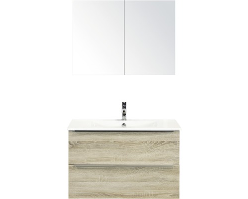 Koupelnový nábytkový set Pulse 90 cm s keramickým umyvadlem dub šedý a zrcadlovou skříňkou