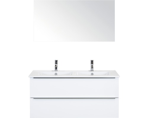 Koupelnový nábytkový set Pulse 120 cm s keramickým dvojitým umyvadlem a zrcadlem bílá vysoce lesklá 84725801