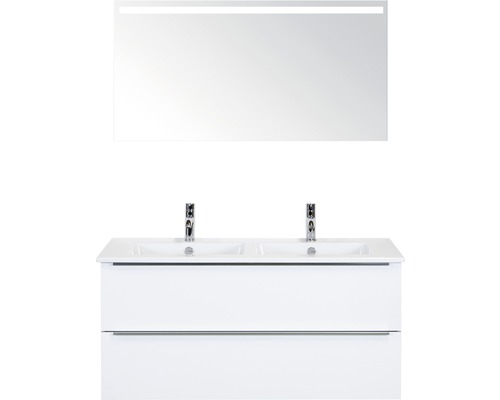 Koupelnový nábytkový set Pulse 120 cm s keramickým dvojitým umyvadlem bílá vysoce lesklá a zrcadlem s LED osvětlením 84725901