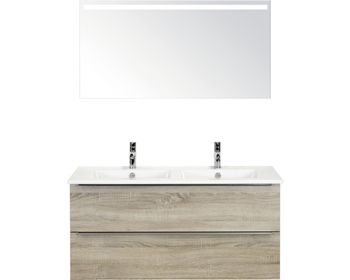 Koupelnový nábytkový set Pulse 120 cm s keramickým dvojitým umyvadlem a zrcadlem s LED osvětlením dub šedý 84725916