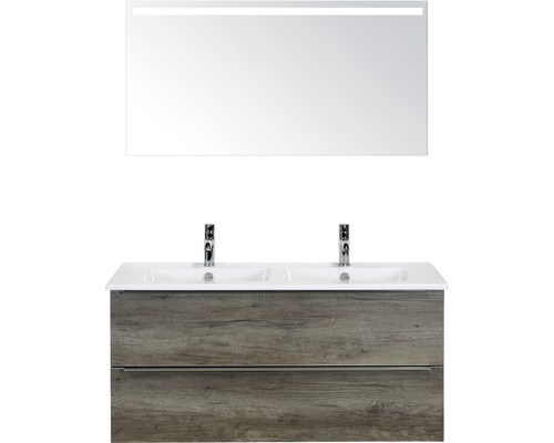 Koupelnový nábytkový set Pulse 120 cm s keramickým dvojitým umyvadlem dub Nebraska a zrcadlem s LED osvětlením 84725924