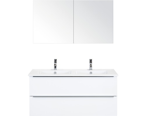 Koupelnový nábytkový set Pulse 120 cm s keramickým dvojitým umyvadlem bílá vysoce lesklá a zrcadlovou skříňkou 84726001