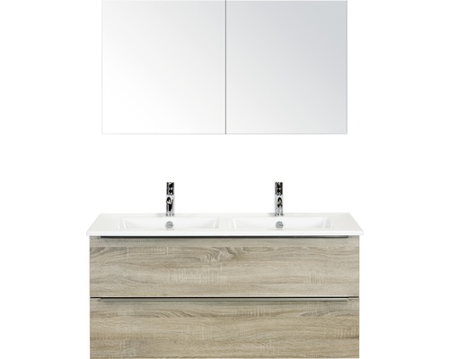 Koupelnový nábytkový set Pulse 120 cm s keramickým dvojitým umyvadlem a zrcadlovou skříňkou dub šedý 84726016