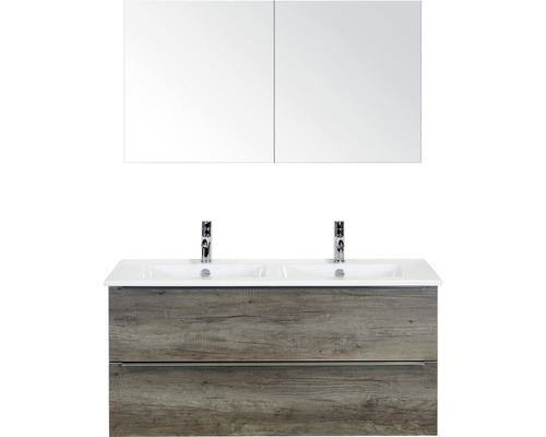 Koupelnový nábytkový set Pulse 120 cm s keramickým dvojitým umyvadlem dub Nebraska a zrcadlovou skříňkou 84726024