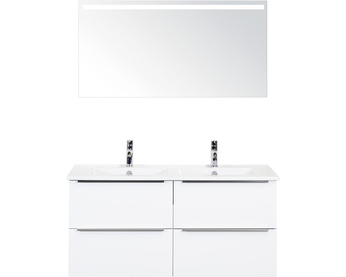 Koupelnový nábytkový set Pulse 120 cm s keramickým dvojitým umyvadlem bílá vysoce lesklá a zrcadlem s LED osvětlením 84726201