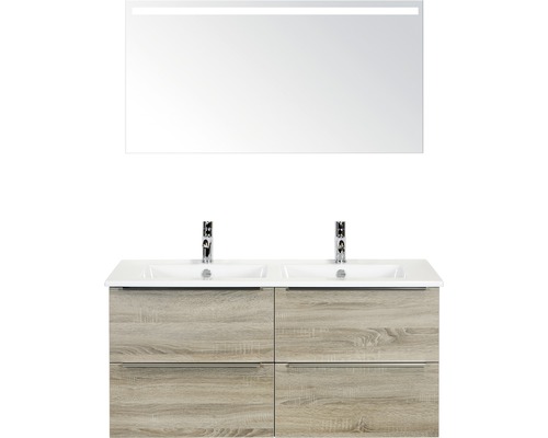 Koupelnový nábytkový set Pulse 120 cm s keramickým dvojitým umyvadlem a zrcadlem s LED osvětlením dub šedý 84726216