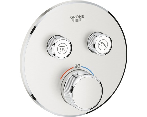 Termostatická sprchová baterie GROHE Grohtherm SmartControl ocelová 29119DC0 Logo společnosti Grohe. Podomítková termostatická baterie se dvěma regulátory a regulátorem teploty