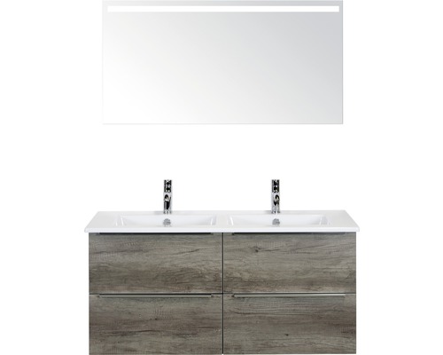 Koupelnový nábytkový set Pulse 120 cm s keramickým dvojitým umyvadlem dub Nebraska a zrcadlem s LED osvětlením 84726224