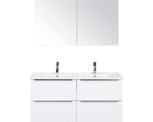 Koupelnový nábytkový set Pulse 120 cm s keramickým dvojitým umyvadlem bílá vysoce lesklá a zrcadlovou skříňkou 84726301