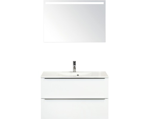 Koupelnový nábytkový set Pulse 90 cm s umyvadlem bílá lesklá a zrcadlem s LED osvětlením