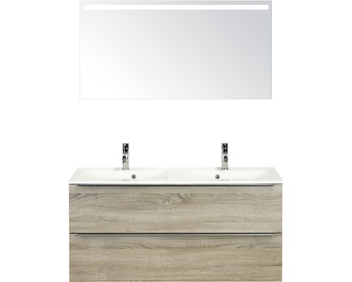 Koupelnový nábytkový set Pulse 120 cm s dvojitým umyvadlem a zrcadlem s LED osvětlením dub šedý
