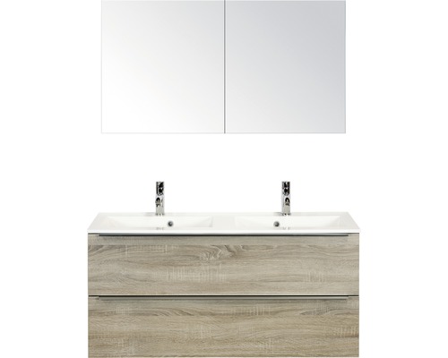 Koupelnový nábytkový set Pulse 120 cm s dvojitým umyvadlem a zrcadlovou skříňkou dub šedý 84727216