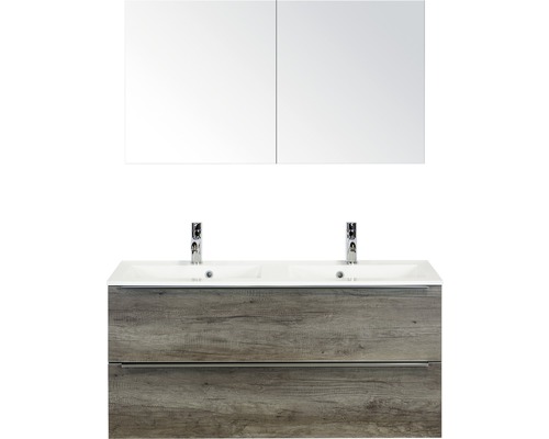 Koupelnový nábytkový set Pulse 120 cm s dvojitým umyvadlem dub Nebraska se zrcadlovou skříňkou 84727224