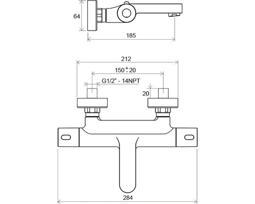 Technický výkres vodovodní baterie s rozměry