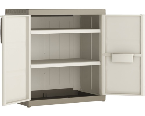 Víceúčelová skříň z plastu se dvěma otevřenými dveřmi a dvěma policemi