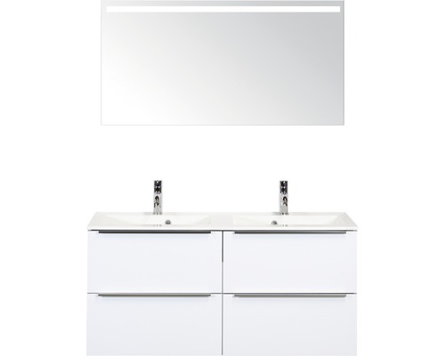 Koupelnový nábytkový set Pulse 120 cm s dvojitým umyvadlem bílá vysoce lesklá a zrcadlem s LED osvětlením 84727401