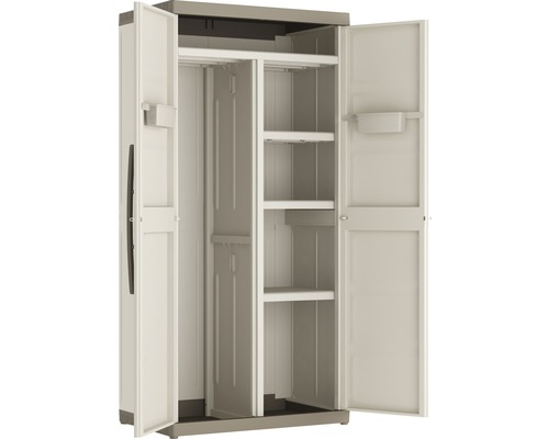 Otevřená plastová zahradní skříň s policemi a tyčí