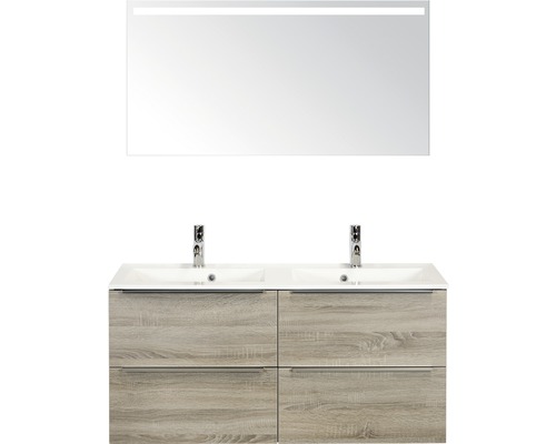 Koupelnový nábytkový set Pulse 120 cm s dvojitým umyvadlem a zrcadlem s LED osvětlením dub šedý