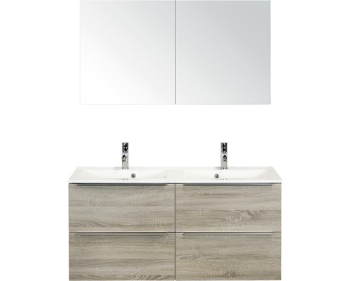 Koupelnový nábytkový set Pulse 120 cm s dvojitým umyvadlem a zrcadlovou skříňkou dub šedý 84727516
