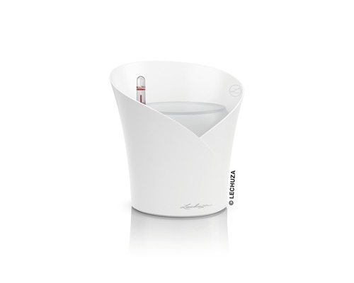 Bílý květináč s ukazatelem hladiny vody