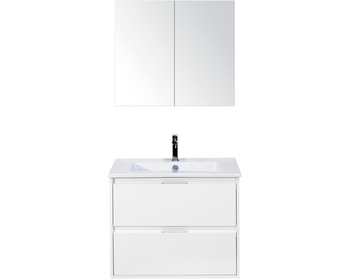 Koupelnový nábytkový set Porto 70 cm s keramickým umyvadlem bílá lesklá a zrcadlovou skříňkou
