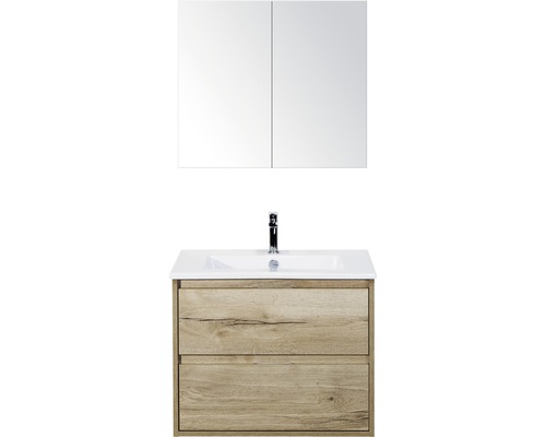 Koupelnový nábytkový set Porto 70 cm s keramickým umyvadlem a zrcadlovou skříňkou dub přírodní