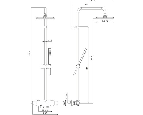 Technický nákres sprchového sloupu s rozměry