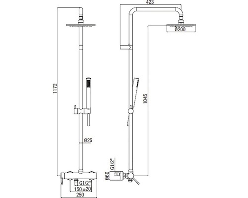 Rozměrový výkres sprchového panelu s hlavovou a ruční sprchou