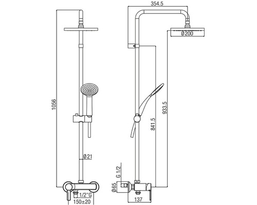 Technický nákres sprchové baterie s horní a ruční sprchou a rozměry