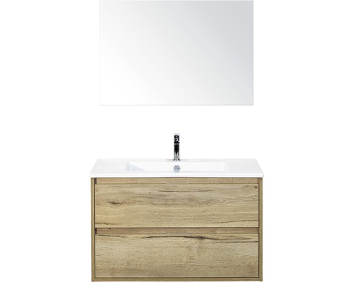 Koupelnový nábytkový set Porto 90 cm s keramickým umyvadlem a zrcadlem dub přírodní