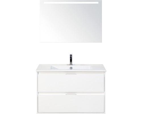 Koupelnový nábytkový set Porto 90 cm s keramickým umyvadlem bílá lesklá a zrcadlem s LED osvětlením