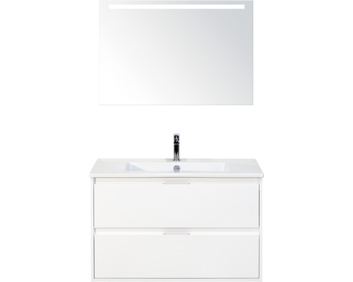 Koupelnový nábytkový set Porto 90 cm s keramickým umyvadlem bílá lesklá a zrcadlem s LED osvětlením Koupelnový nábytkový set Porto 90 cm s keramickým umyvadlem bílá lesklá a zrcadlem s LED osvětlením