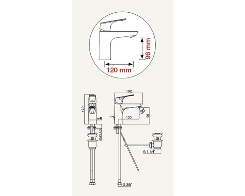 Technický nákres vodovodní baterie s rozměry