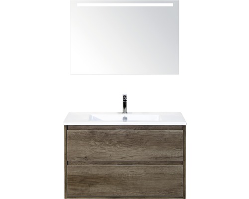 Koupelnový nábytkový set Porto 90 cm s keramickým umyvadlem Nebraska dub Nebraska a zrcadlem s LED osvětlením