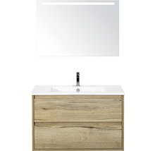 Koupelnový nábytkový set Porto 90 cm s keramickým umyvadlem a zrcadlem s LED osvětlením dub přírodní